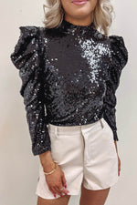 Load image into Gallery viewer, Apricot Sequin Mock Neck Bubble Sleeve Top - Fashion Queen - 25