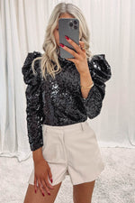 Load image into Gallery viewer, Apricot Sequin Mock Neck Bubble Sleeve Top - Fashion Queen - 27