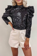 Load image into Gallery viewer, Apricot Sequin Mock Neck Bubble Sleeve Top - Fashion Queen - 5