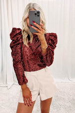 Load image into Gallery viewer, Apricot Sequin Mock Neck Bubble Sleeve Top - Fashion Queen - 8