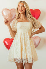 Load image into Gallery viewer, Apricot Sequined Lace Mesh Bubble Sleeve Square Neck Dress - Fashion Queen - 1