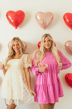 Load image into Gallery viewer, Apricot Sequined Lace Mesh Bubble Sleeve Square Neck Dress - Fashion Queen - 11