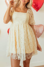 Load image into Gallery viewer, Apricot Sequined Lace Mesh Bubble Sleeve Square Neck Dress - Fashion Queen - 13