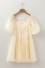 Load image into Gallery viewer, Apricot Sequined Lace Mesh Bubble Sleeve Square Neck Dress - Fashion Queen - 15