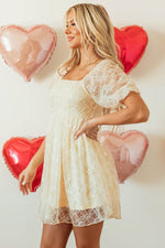 Load image into Gallery viewer, Apricot Sequined Lace Mesh Bubble Sleeve Square Neck Dress - Fashion Queen - 3