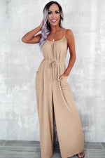 Load image into Gallery viewer, Apricot Spaghetti Straps Waist Tie Wide Leg Jumpsuit with Pockets - Fashion Queen - 3