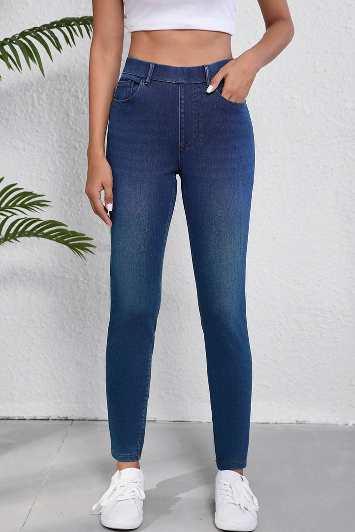 Ashleigh Blue Multiple Pockets Straight Leg Washed Stretchy Knit Casual Jeans - Fashion Queen -  1