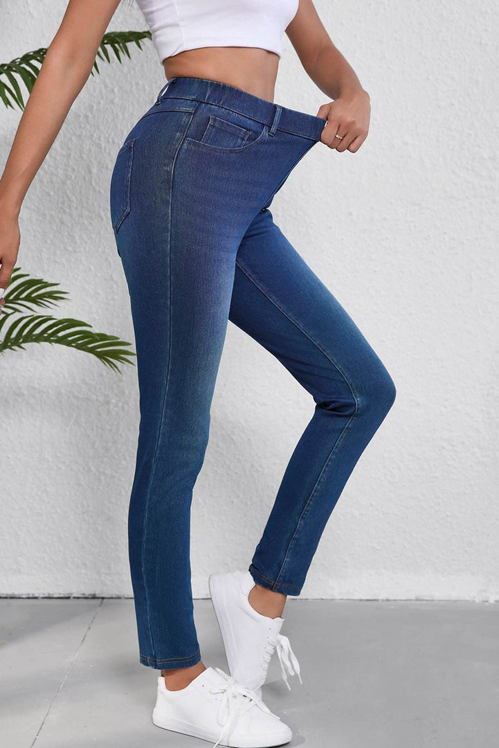 Ashleigh Blue Multiple Pockets Straight Leg Washed Stretchy Knit Casual Jeans - Fashion Queen -  3