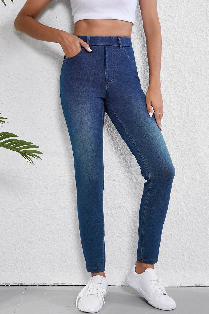 Ashleigh Blue Multiple Pockets Straight Leg Washed Stretchy Knit Casual Jeans - Fashion Queen -  4