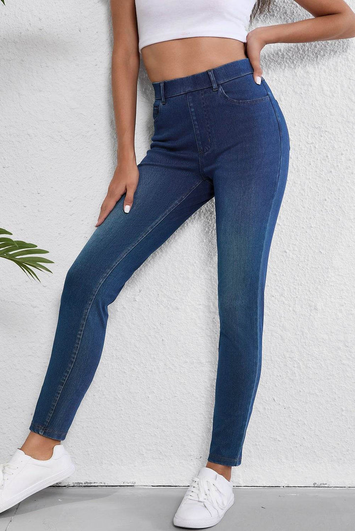 Ashleigh Blue Multiple Pockets Straight Leg Washed Stretchy Knit Casual Jeans - Fashion Queen -  5