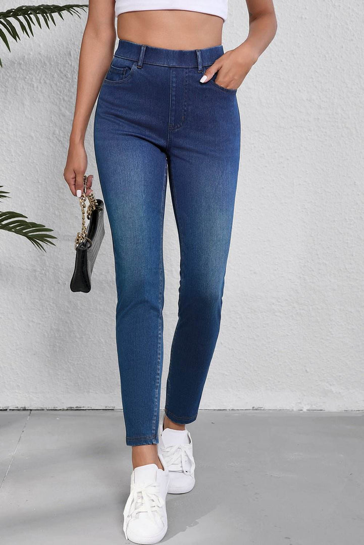 Ashleigh Blue Multiple Pockets Straight Leg Washed Stretchy Knit Casual Jeans - Fashion Queen -  6