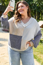 Load image into Gallery viewer, Ashleigh Blue Plus Size Textured Colorblock Patchwork V Neck Top - Fashion Queen - 4