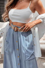 Load image into Gallery viewer, Beau Blue Buttoned Front High Waist Side Pockets Denim Maxi Skirt - Fashion Queen - 5