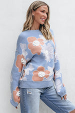 Load image into Gallery viewer, Beau Blue Floral O Neck Drop Shoulder Knitted Sweater - Fashion Queen - 3