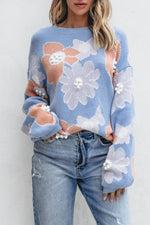 Load image into Gallery viewer, Beau Blue Floral O Neck Drop Shoulder Knitted Sweater - Fashion Queen - 4