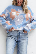 Load image into Gallery viewer, Beau Blue Floral O Neck Drop Shoulder Knitted Sweater - Fashion Queen - 5