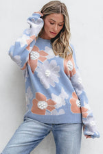 Load image into Gallery viewer, Beau Blue Floral O Neck Drop Shoulder Knitted Sweater - Fashion Queen - 6