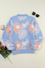 Load image into Gallery viewer, Beau Blue Floral O Neck Drop Shoulder Knitted Sweater - Fashion Queen - 8