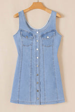 Load image into Gallery viewer, Beau Blue Light Wash Denim Buttoned Front Chest Pockets Sleeveless Slim Mini Dress - Fashion Queen - 5