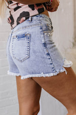 Load image into Gallery viewer, Beau Blue Pearl Studded Pockets Raw Hem Denim Shorts - Fashion Queen - 13