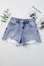 Load image into Gallery viewer, Beau Blue Pearl Studded Pockets Raw Hem Denim Shorts - Fashion Queen - 4