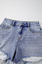 Load image into Gallery viewer, Beau Blue Pearl Studded Pockets Raw Hem Denim Shorts - Fashion Queen - 7