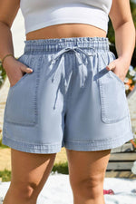 Load image into Gallery viewer, Beau Blue Pocketed Drawstring High Waist Plus Size Denim Shorts - Fashion Queen - 4
