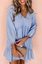 Load image into Gallery viewer, Beau Blue Puff Sleeve V Neck Tiered Ruffled Chambray Mini Dress - Fashion Queen - 1