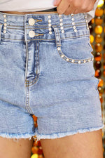 Load image into Gallery viewer, Beau Blue Rhinestone Light Wash Raw Hem High Waist Denim Shorts - Fashion Queen - 11