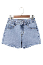 Load image into Gallery viewer, Beau Blue Rhinestone Light Wash Raw Hem High Waist Denim Shorts - Fashion Queen - 21