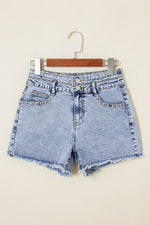 Load image into Gallery viewer, Beau Blue Rhinestone Light Wash Raw Hem High Waist Denim Shorts - Fashion Queen - 22