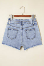 Load image into Gallery viewer, Beau Blue Rhinestone Light Wash Raw Hem High Waist Denim Shorts - Fashion Queen - 23