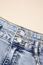 Load image into Gallery viewer, Beau Blue Rhinestone Light Wash Raw Hem High Waist Denim Shorts - Fashion Queen - 29