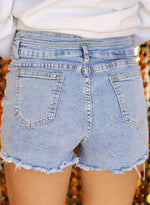 Load image into Gallery viewer, Beau Blue Rhinestone Light Wash Raw Hem High Waist Denim Shorts - Fashion Queen - 9