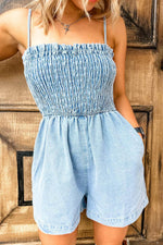 Load image into Gallery viewer, Beau Blue Spaghetti Strap Smocked Denim Romper - Fashion Queen - 7