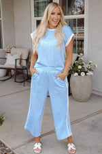 Load image into Gallery viewer, Beau Blue Textured Colorblock Edge Tank Top High Waist Pants Set - Fashion Queen - 1
