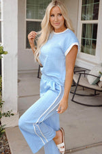 Load image into Gallery viewer, Beau Blue Textured Colorblock Edge Tank Top High Waist Pants Set - Fashion Queen - 3