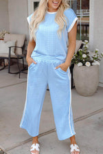 Load image into Gallery viewer, Beau Blue Textured Colorblock Edge Tank Top High Waist Pants Set - Fashion Queen - 7