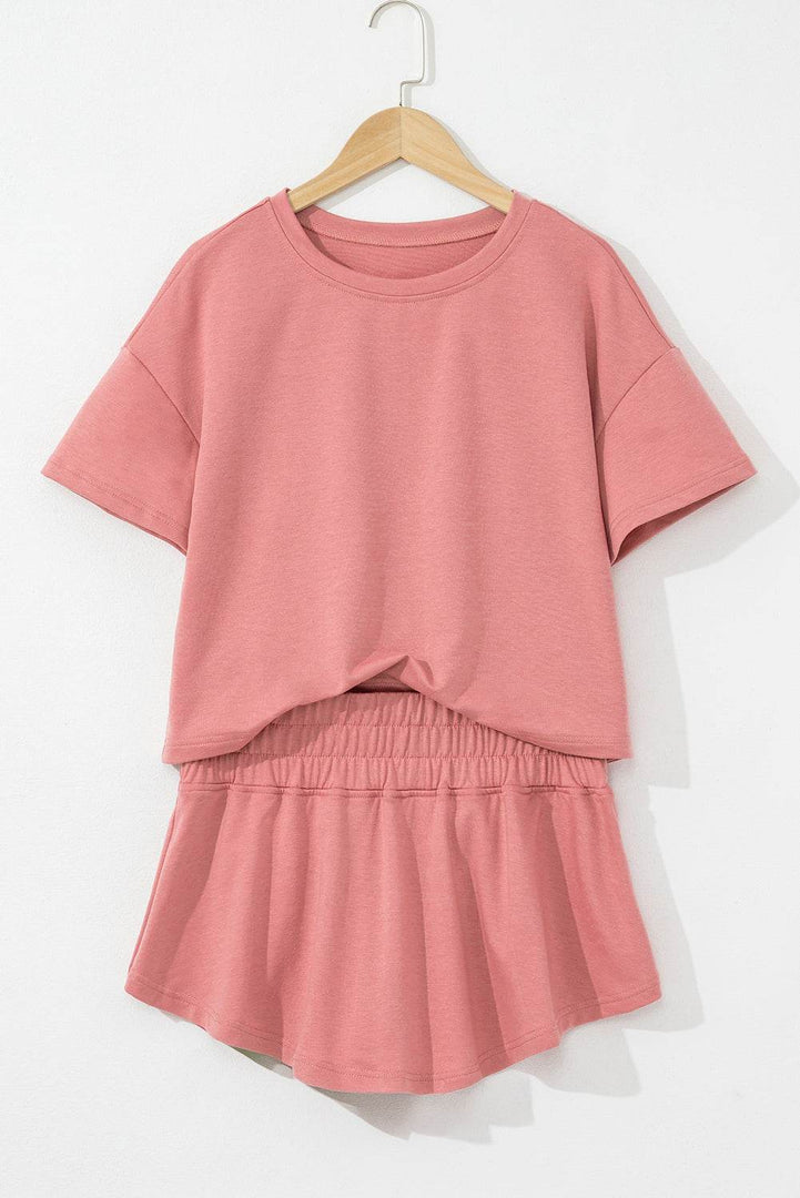 Beige 2pcs Cropped Tee and Ruffle High Waist Skort Set - Fashion Queen -  6