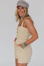 Load image into Gallery viewer, Beige Buttons Smocked Sleeveless Romper - Fashion Queen - 3
