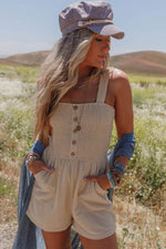 Load image into Gallery viewer, Beige Buttons Smocked Sleeveless Romper - Fashion Queen - 4
