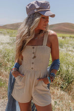 Load image into Gallery viewer, Beige Buttons Smocked Sleeveless Romper - Fashion Queen - 8