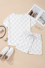 Load image into Gallery viewer, Beige Checkered V Neck Tee Drawstring Shorts Lounge Set - Fashion Queen - 15