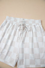 Load image into Gallery viewer, Beige Checkered V Neck Tee Drawstring Shorts Lounge Set - Fashion Queen - 19