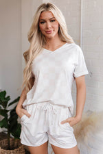 Load image into Gallery viewer, Beige Checkered V Neck Tee Drawstring Shorts Lounge Set - Fashion Queen - 5