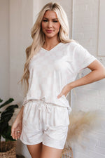 Load image into Gallery viewer, Beige Checkered V Neck Tee Drawstring Shorts Lounge Set - Fashion Queen - 9