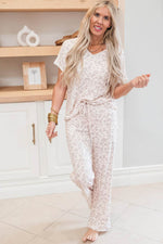 Load image into Gallery viewer, Beige Cheetah V Neck Tee and Pants Lounge Set - Fashion Queen - 2