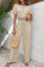 Load image into Gallery viewer, Beige Crinkled Elastic Hem Crop Tee and Wide Leg Pants Set - Fashion Queen - 1