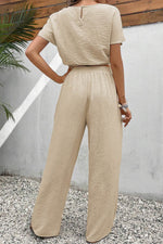 Load image into Gallery viewer, Beige Crinkled Elastic Hem Crop Tee and Wide Leg Pants Set - Fashion Queen - 2