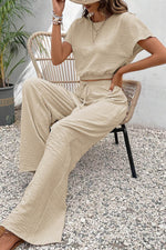 Load image into Gallery viewer, Beige Crinkled Elastic Hem Crop Tee and Wide Leg Pants Set - Fashion Queen - 3